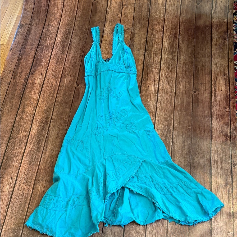Giocam Embroidered Teal Beachy Asymmetrical Midi Dress Sz XL